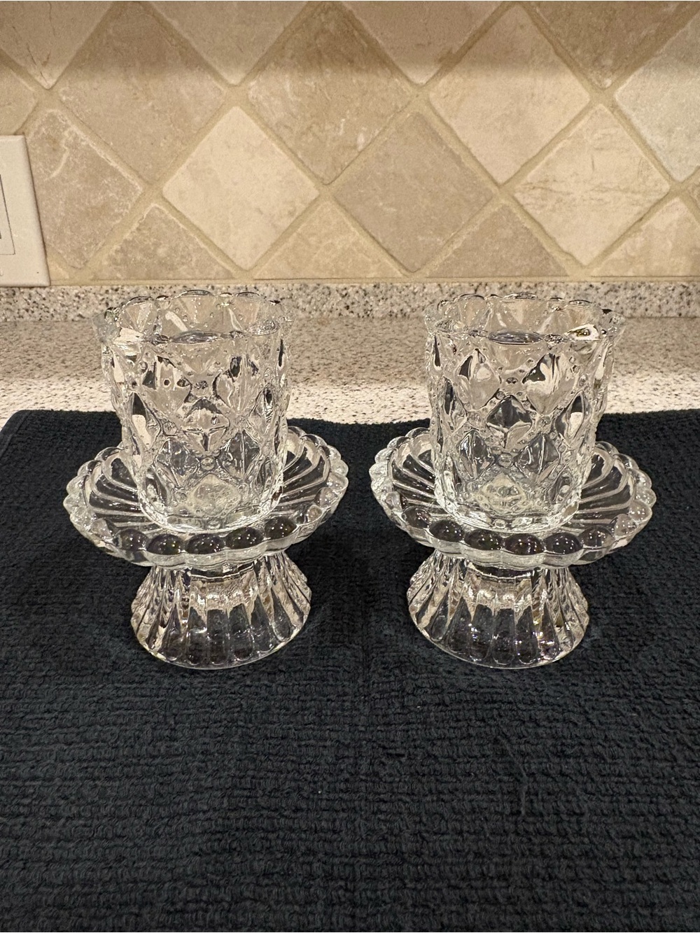 Vintage PartyLite Quilted Crystal 2-piece votive and tealight candle holders